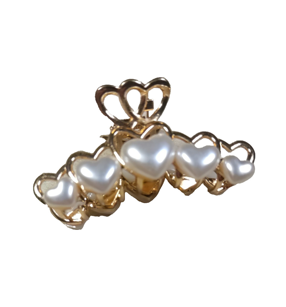 Hair Barrette Clip Gold Tone Clip Gold Tone White Hearts Fun Romance